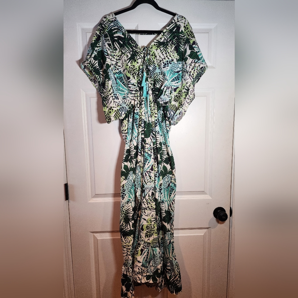 America & Beyond Green And White Tropical Print Low Back Maxi Dress XL
